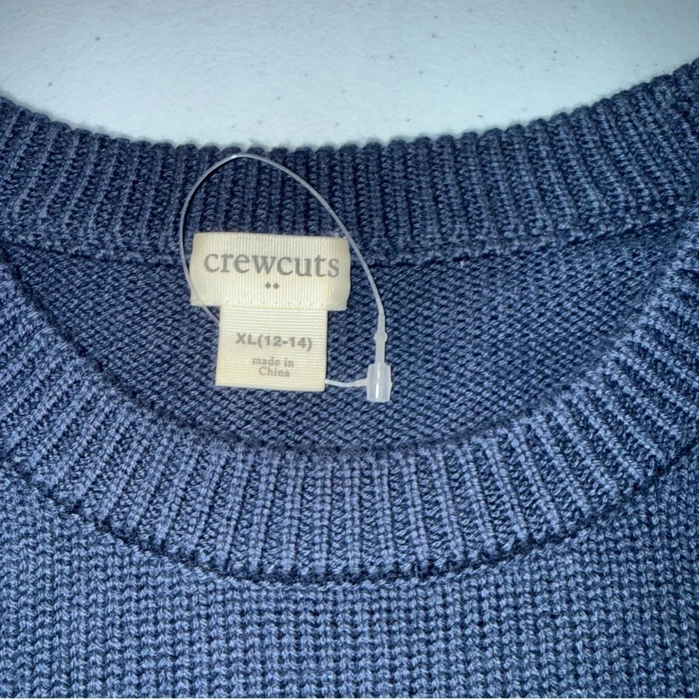 J Crew Crewcuts Boys XL 12-14 Navy Blue Striped‎ Cotton Knit Crewneck Sweater